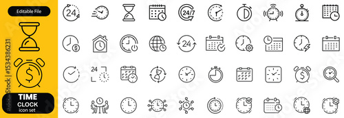 Set of time related line icons. Clock, watch, calendar, timer etc. Editable stroke