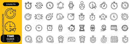 Set of time related line icons. Clock, watch, calendar, timer etc. Editable stroke