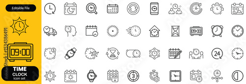 Set of time related line icons. Clock, watch, calendar, timer etc. Editable stroke