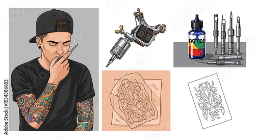 Tattoo artist with full sleeve tattoo, tattoo machine, ink bottle, and tattoo design sheets displayed