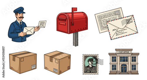 Illustration depicting a postman, mailbox, letters, packages, stamp, and a post office building