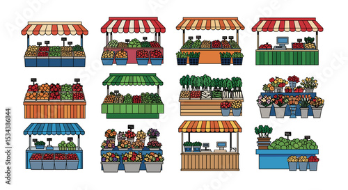 Illustration of multiple market stalls selling produce flowers and other goods under striped awnings