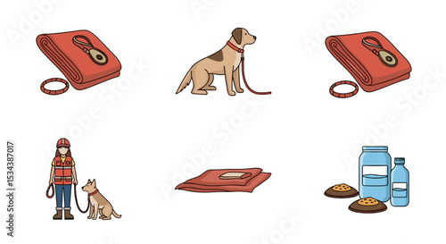 Illustration showing dog training equipment including blankets, food, water, and a dog with handler