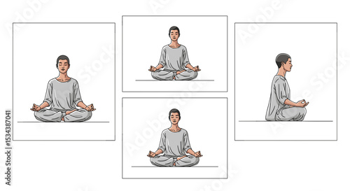 Multiple views of a person meditating in lotus position with hands in mudra on a white background