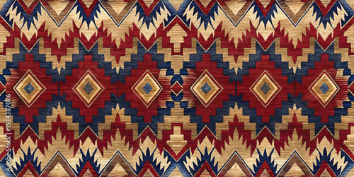 Colorful geometric tribal pattern in warm tones and shades of blue.