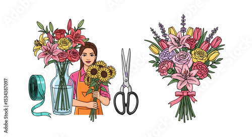 Florist arranging flowers in a vase with sunflowers and a bouquet tied with a ribbon on white background