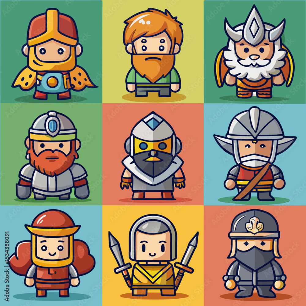 Fototapeta premium Nine Cute Cartoon Fantasy Characters Game Assets
