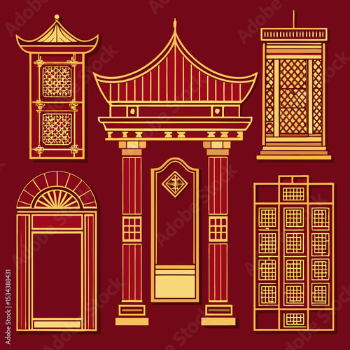 Collection of Golden Chinese Architectural Elements on Red Background