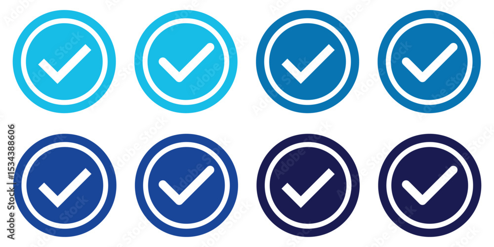 Blue check mark icon set illustration. Blue Verified badge icon set. Collection of different style star shaped, social media icons. Check box icon with correct, accept checkmark icon. Blue check mark icon set illustration. Blue Verified badge icon set. Collection of different style star shaped, social media icons. Check box icon with correct, accept checkmark icon.