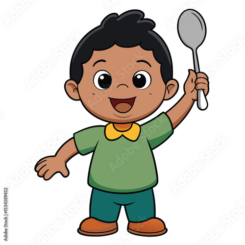 A child, 2-3 years old, proudly holding up a spoon, ready for a tasty meal.