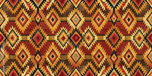 Colorful geometric textile pattern featuring vibrant reds and yellows.