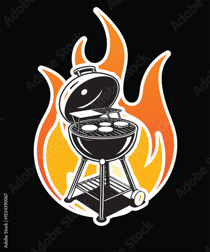 Vector illustration of a barbecue grill surrounded by flames for summer grilling