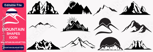 Set of hand drawn mountain silhouettes in different shapes showing peaks and ridges in black and white on white background
