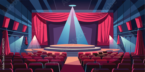 A theater stage with red curtains and bright lights ready for a performance