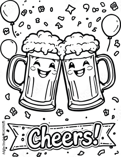 Celebratory Beer Mugs Symbol Set Featuring Two Clinking Glasses with Overflowing Foam, Cheerful Smiling Faces, Confetti, Balloons, and a Festive Banner—Representing Joy, Social Gatherings, and Toastin