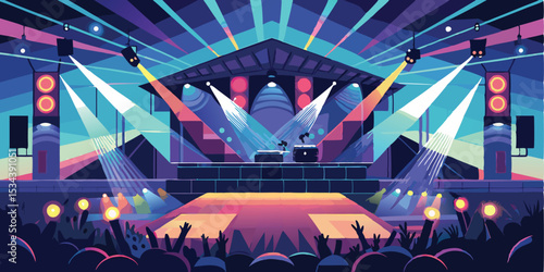 A vibrant colorful concert stage with lights and excitement for music performance