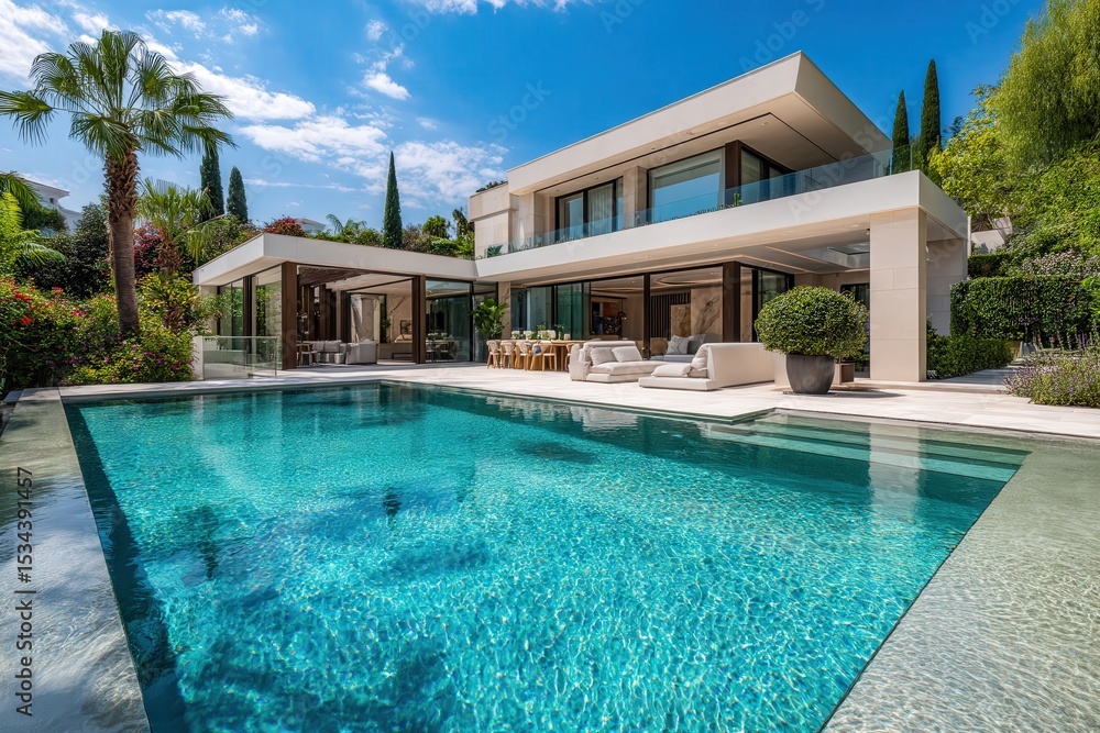Fototapeta premium modern luxury villa with large swimming pool, outdoor lounge, glass balcony, and lush tropical landscaping under a bright blue sky, showcasing elegant contemporary architecture and summer lifestyle