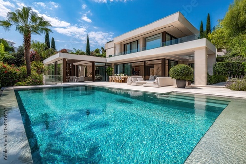 Wallpaper Mural modern luxury villa with large swimming pool, outdoor lounge, glass balcony, and lush tropical landscaping under a bright blue sky, showcasing elegant contemporary architecture and summer lifestyle Torontodigital.ca