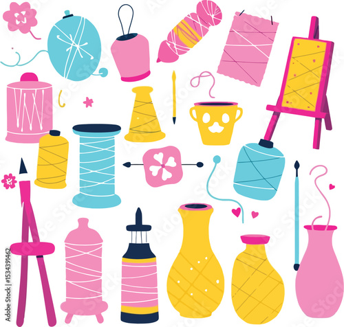 Creative Art & Craft Supplies Symbol Set Featuring a Vibrant Collection of Essential Tools and Materials, Including Spools of Thread, Yarn Balls, Glue Bottles, A Pincushion, A Button, 