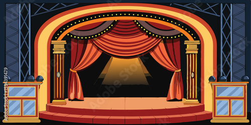 A vivid and classic theatrical stage design with red curtains and spotlights vector