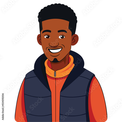 An African American man in a puffer vest over a long-sleeve shirt, warm and trendy.