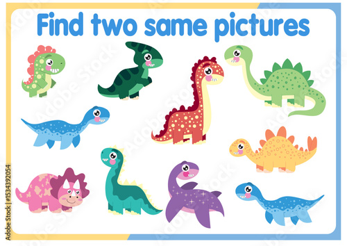 Find two identical dinosaurs. Ancient world, game for children. Fantasy or fairy tale, educational quiz for children, developing attention.