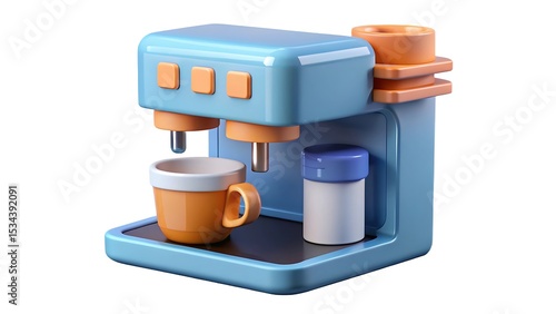 Cute cartoon 3d render of a modern coffee machine with a cup of coffee