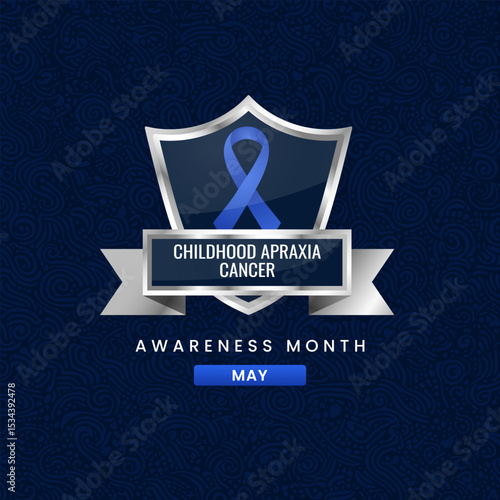 Royal blue ribbon awareness graphic for International Childhood Apraxia Cancer Awareness Month