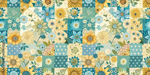 Vibrant floral patchwork pattern featuring yellow and teal motifs.