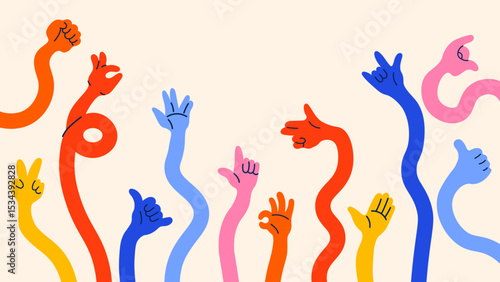 Colorful hand gestures in retro cartoon style. Different poses- pointing, hold, ok, finger snap. Human palms and wrists illustration in funky, doodle style, trendy sticker set