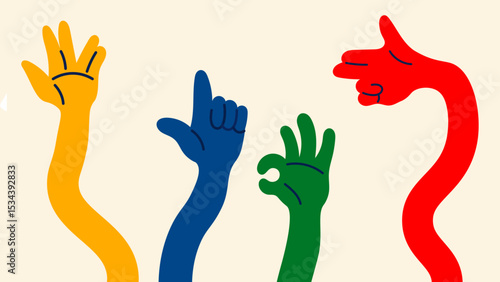 Cartoon-style vector set of colorful hands – expressive gestures in playful funky doodle style. Includes finger snap, pointing, OK and more