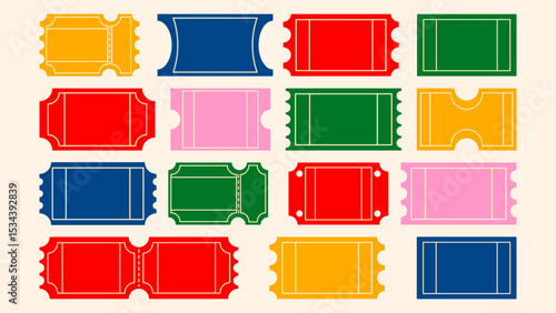 Coupons and tickets templates. Retro frames, blank vouchers in cartoon style. Ideal for discount, event, and gift card designs. Colorful doodle groovy hand-drawn vector set