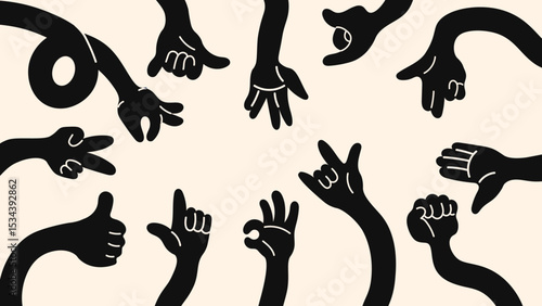 Funky vector hand doodles – cartoon palm gestures in retro sticker style, from pointing to snapping. Fun set of expressive colorful hands