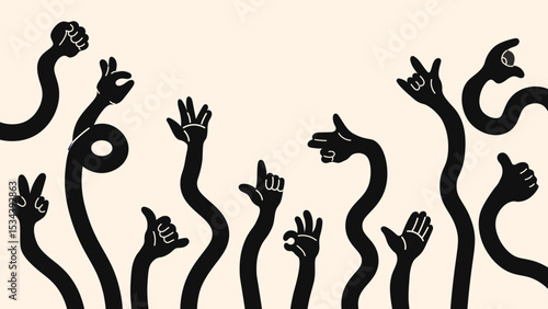 Funky cartoon hand gestures set – retro doodle style with expressive palms, fingers snapping, pointing and holding. Trendy colorful sticker collection