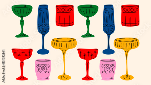 Hand-drawn cocktail set in funky cartoon style — vintage glassware with tropical summer drinks and aperitifs. Hippie groovy vibe for retro-themed projects and menus.