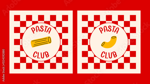 Red checkered pasta label with hand-drawn penne pasta and bold lettering – vintage Italian restaurant packaging template.