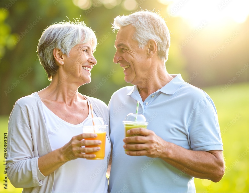 A joyful senior couple, smiling and holding hands, relaxes together in a sunlit park, surrounded by blooming flowers and lush greenery. A joyful senior couple, smiling and holding hands, relaxes together in a sunlit park, surrounded by blooming flowers and lush greenery.