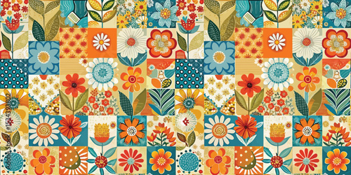 Colorful floral patchwork pattern with bright flowers and vibrant designs.