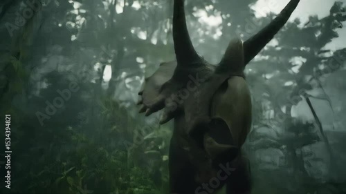 A prehistoric world unfolds featuring a large triceratops Ancient foliage surrounds the majestic beast Lush green vegetation thrives in the era s damp climate