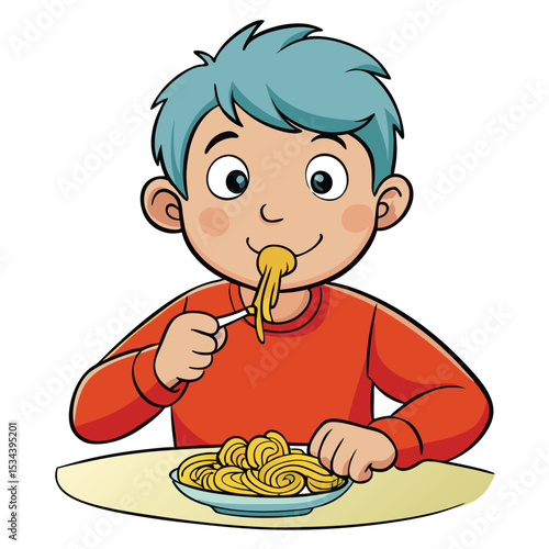 A young child concentrating, eating a long strand of spaghetti with enjoyment.