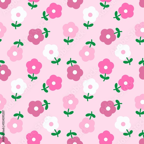 Wallpaper Mural Cute pink floral pattern with simple doodle flowers in white, pink, and magenta on a soft pink background. Perfect for kids, fabric, wrapping paper, and girly designs. Torontodigital.ca