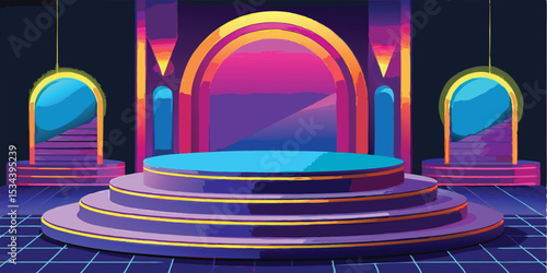 Abstract stage with geometric staircases and glowing architectural elements in vibrant colors