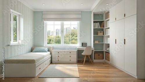 Wallpaper Mural Modern bedroom interior with a bed, desk, and storage, featuring natural light and minimalist design. Torontodigital.ca