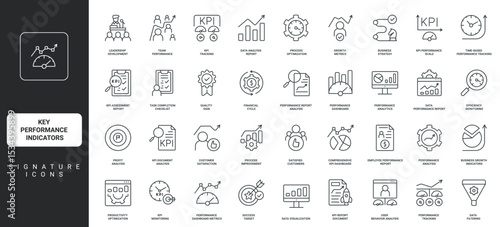 Data analytics to plan and improve efficiency thin black outline symbols vector illustration. Key Performance Indicators, business development and quality metrics evaluation line icon set.