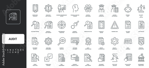 Assessment, check and data research of auditor thin black outline symbols vector illustration. Audit, inspection for compliance with business standards and regulations, policy line icon set.