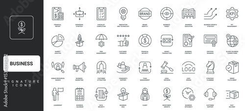 Brand identity, product and client support, leadership thin black outline symbol vector illustration. Business, corporate company marketing and market analysis, team organization line icon set.