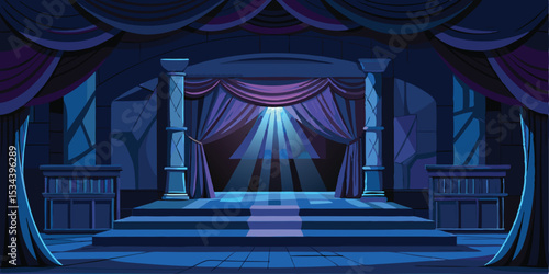 Animated illustration of a stage with purple curtains and dramatic lighting