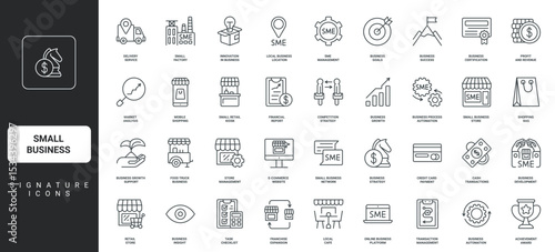 Retail shop building, local market and restaurant location, thin black outline symbols vector illustration. Small business development, franchise, commercial strategy of SME line icon set.