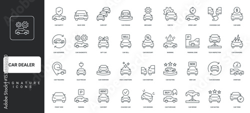 Rent and sell automobile, car review thin black outline symbols vector illustration. Car dealer and dealership business, auto showroom with new vehicles, price and guarantee line icon set.