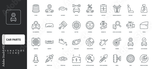 Automatic gearbox and motor engine, control oil, radiator thin black outline symbols vector illustration. Car parts of automotive shop, repair and maintenance service inspection line icon set.